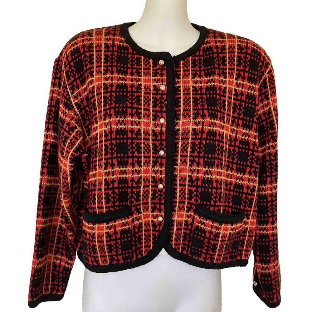 Worthington Petite Tartan Plaid Knit Cardigan Sweater Vintage 90s Cropped